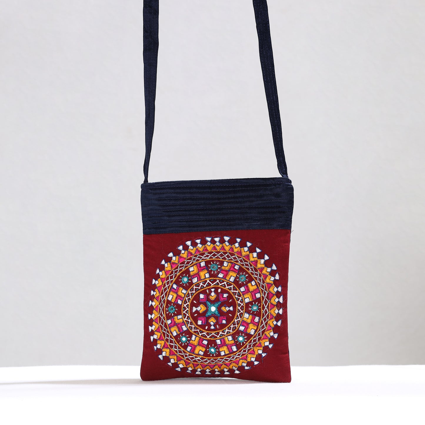 Red - Kutch Neran Hand Embroidery Mirror Work Mashru Silk Sling Bag 16