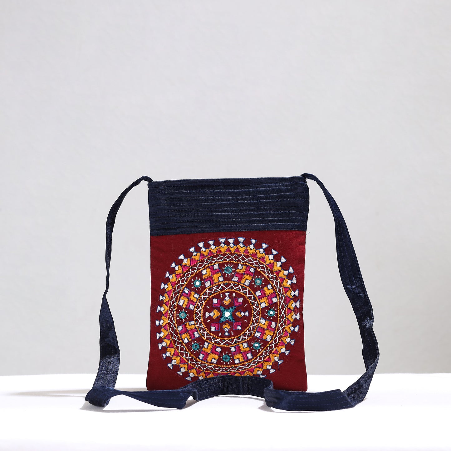 Red - Kutch Neran Hand Embroidery Mirror Work Mashru Silk Sling Bag 16