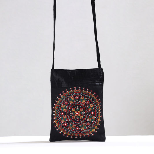 Black - Kutch Neran Hand Embroidery Mirror Work Mashru Silk Sling Bag 17