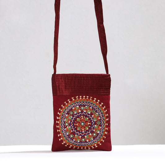 Red - Kutch Neran Hand Embroidery Mirror Work Mashru Silk Sling Bag 18