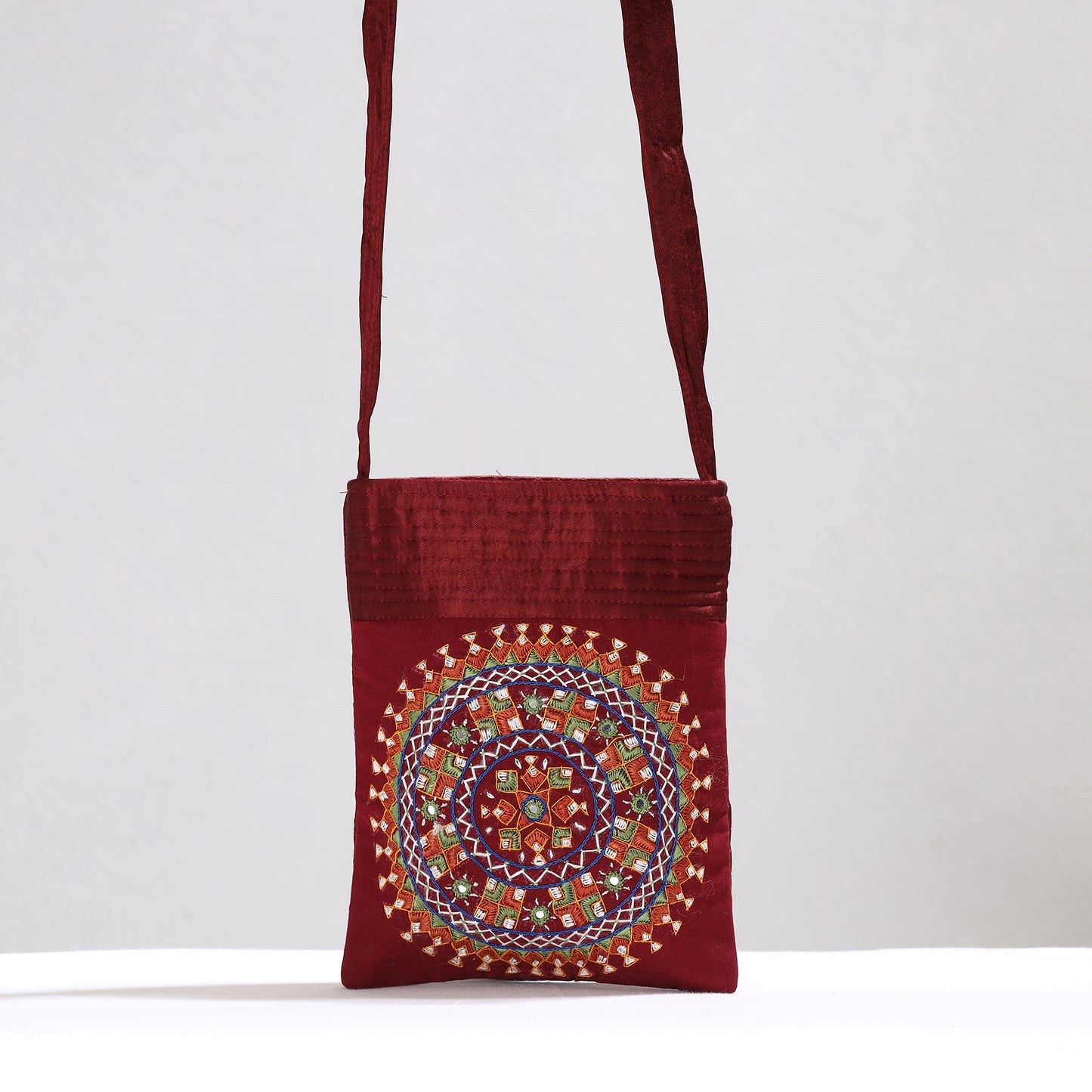 Red - Kutch Neran Hand Embroidery Mirror Work Mashru Silk Sling Bag 18