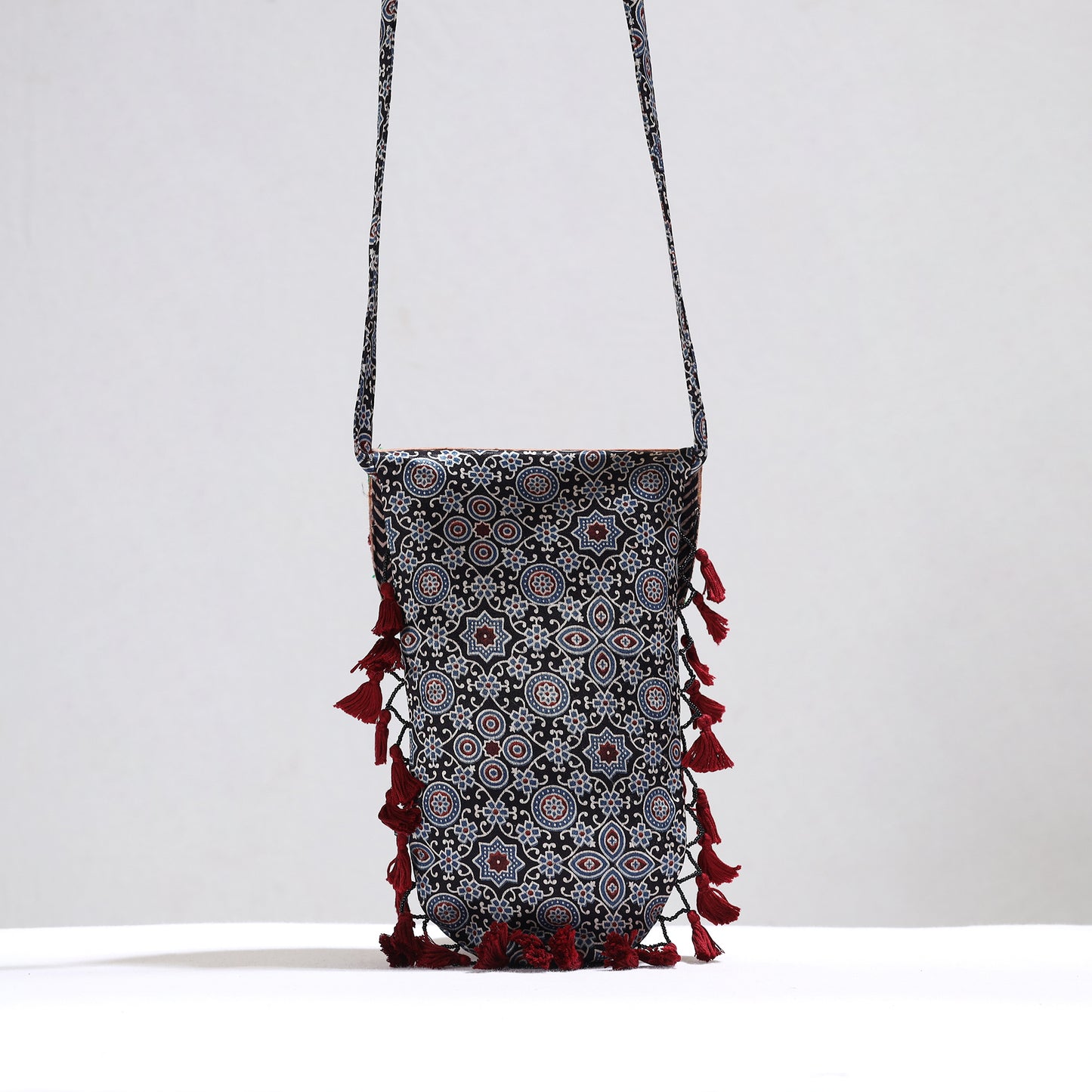 Black - Kutch Leather & Mashru Silk Sling Bag with Tassels 31
