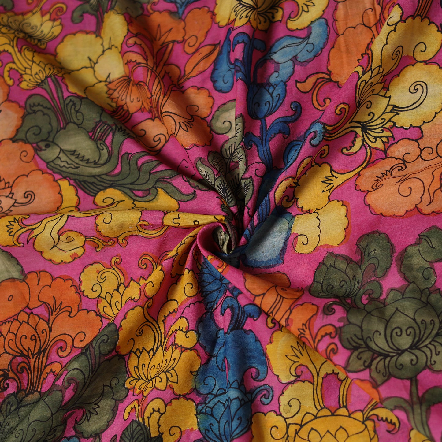 Pink - Handpainted Srikalahasti Silk Cotton Pen Kalamkari Fabric 06