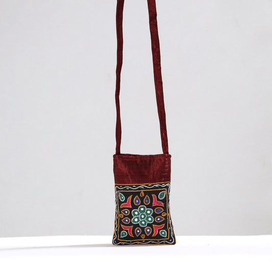 Black - Kutch Pakko Hand Embroidery Mirror Work Mashru Silk Sling Bag 84