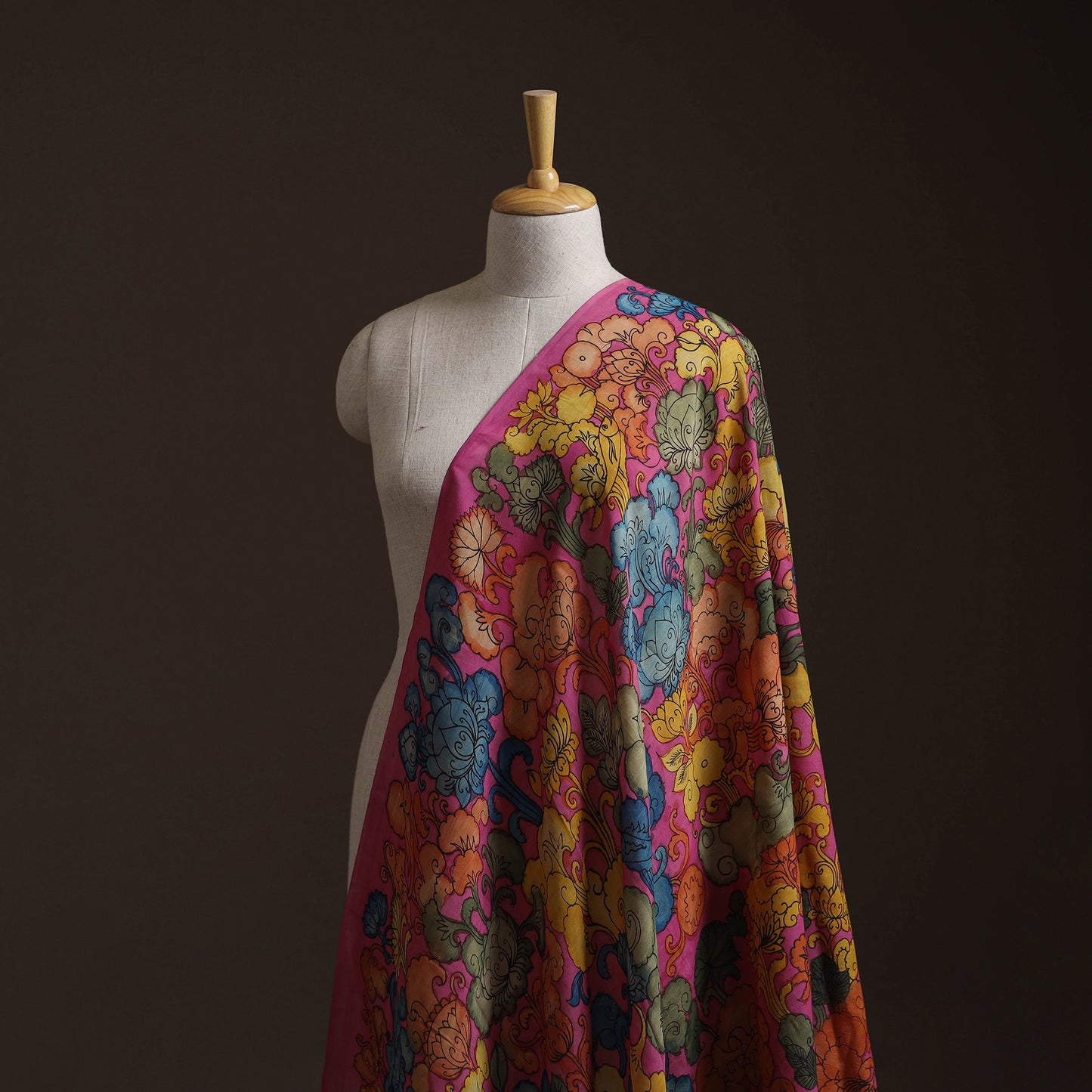 Pink - Handpainted Srikalahasti Silk Cotton Pen Kalamkari Fabric 06