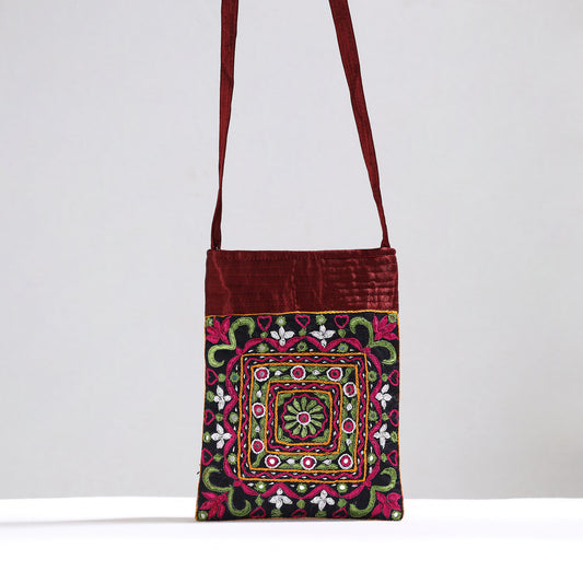 Multicolor - Kutch Pakko Hand Embroidery Mirror Work Mashru Silk Sling Bag 108