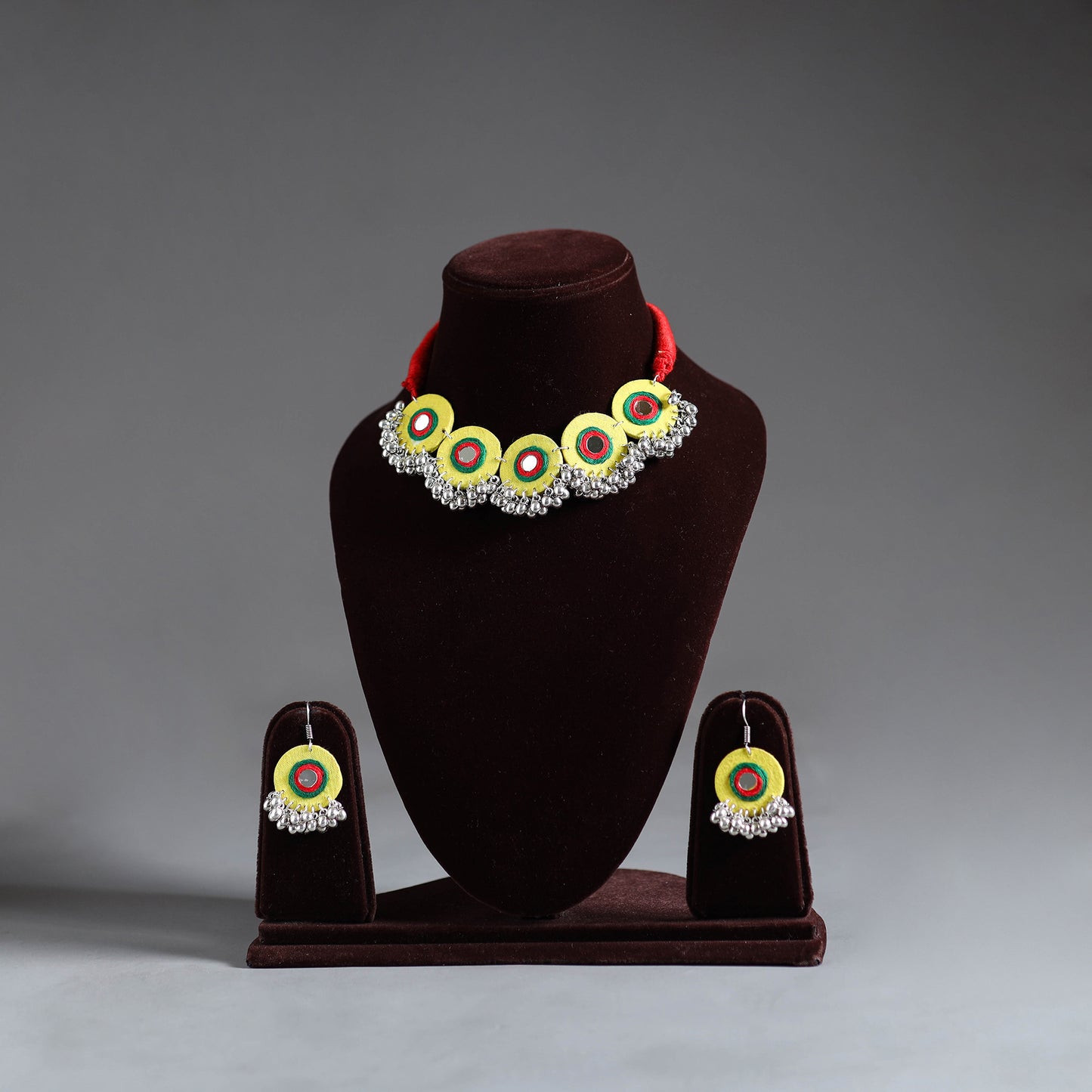 Yellow - fabart german silver mirror work choker necklace