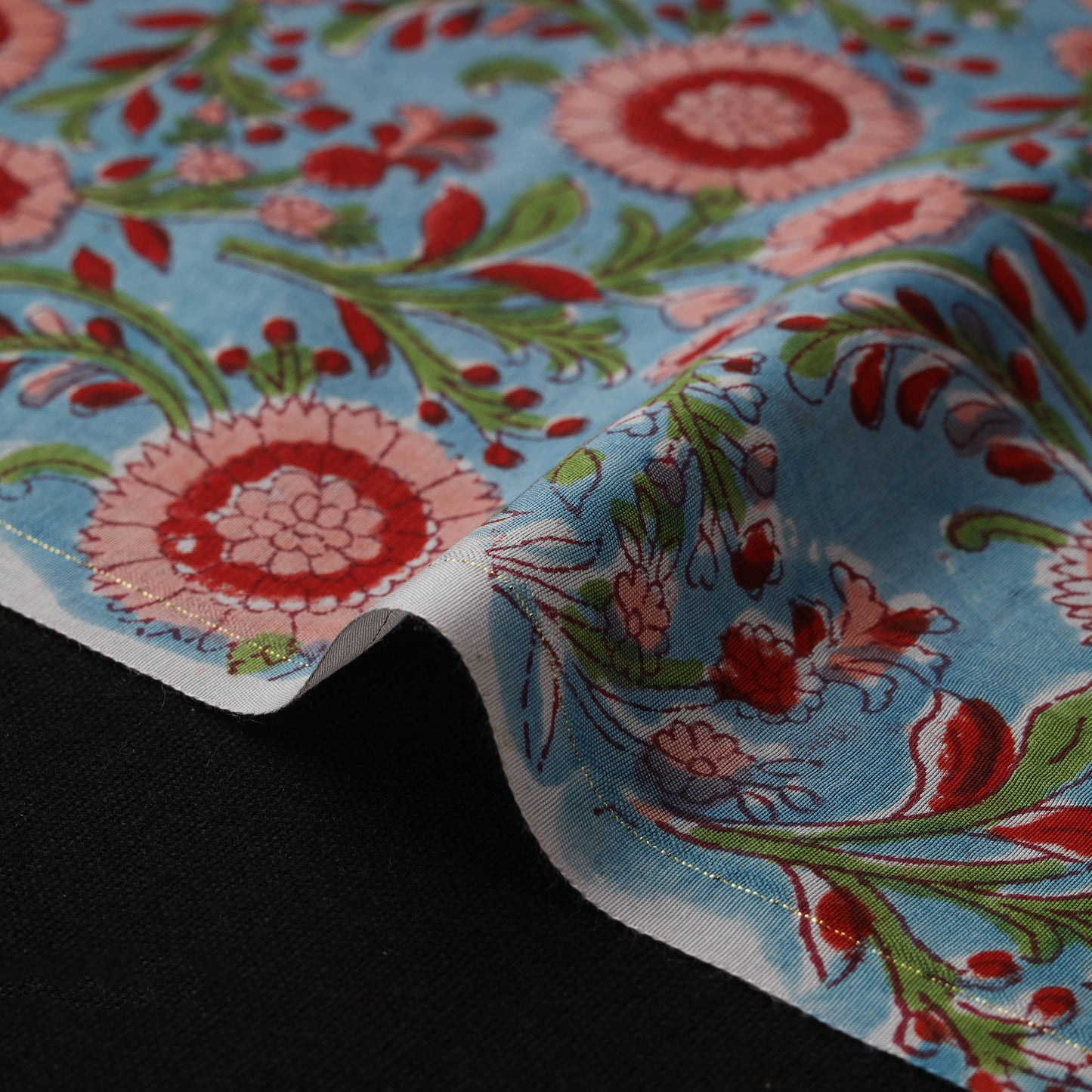 Blue - Sanganeri Hand Block Print Modal Silk Fabric 07