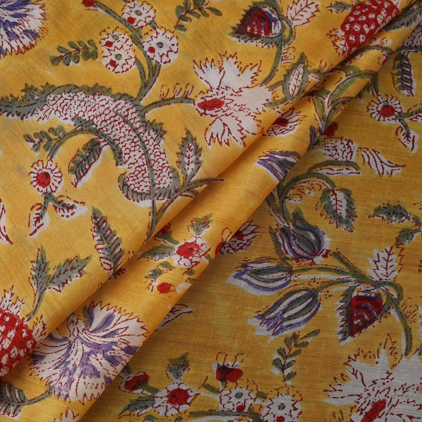 Yellow - Sanganeri Hand Block Print Modal Silk Fabric 15
