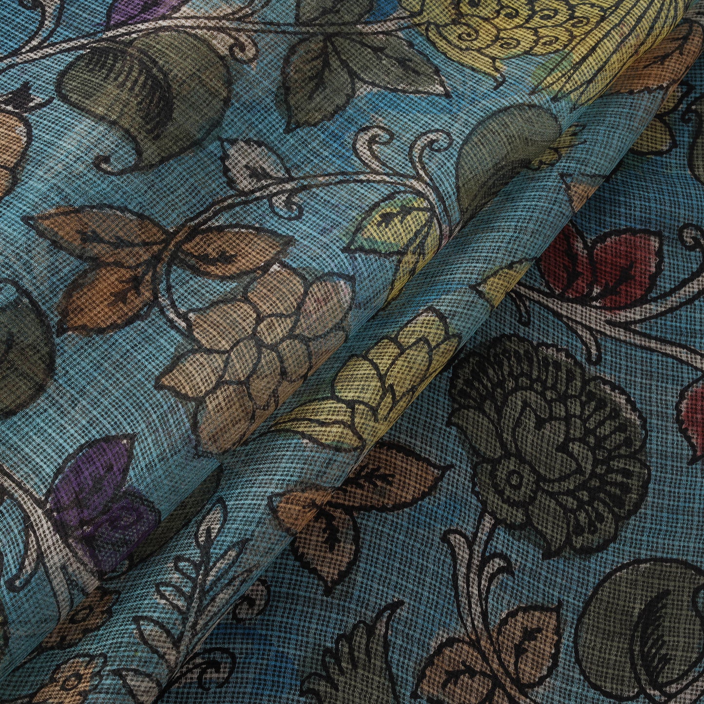 Blue - Srikalahasti Pen Work Handpainted Kalamkari Handloom Kota Doria Silk Fabric 03