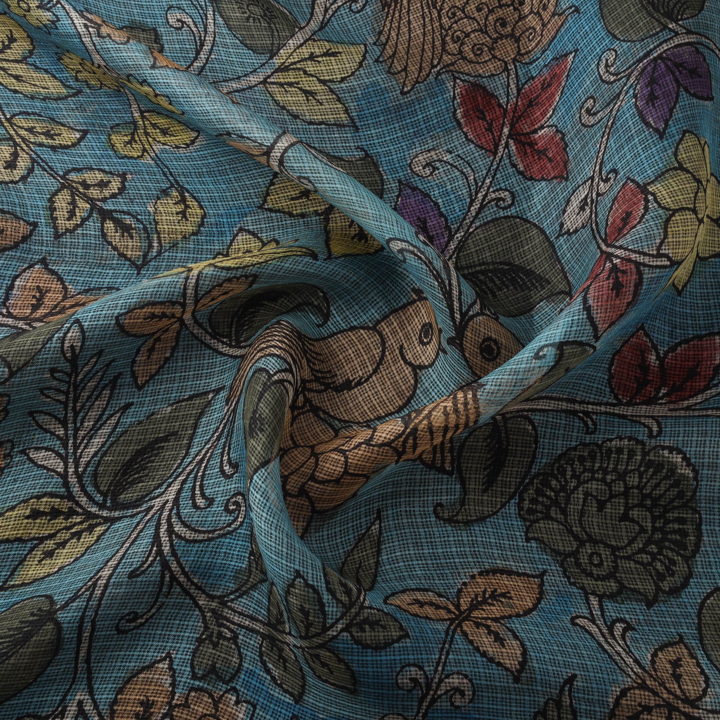Blue - Srikalahasti Pen Work Handpainted Kalamkari Handloom Kota Doria Silk Fabric 03