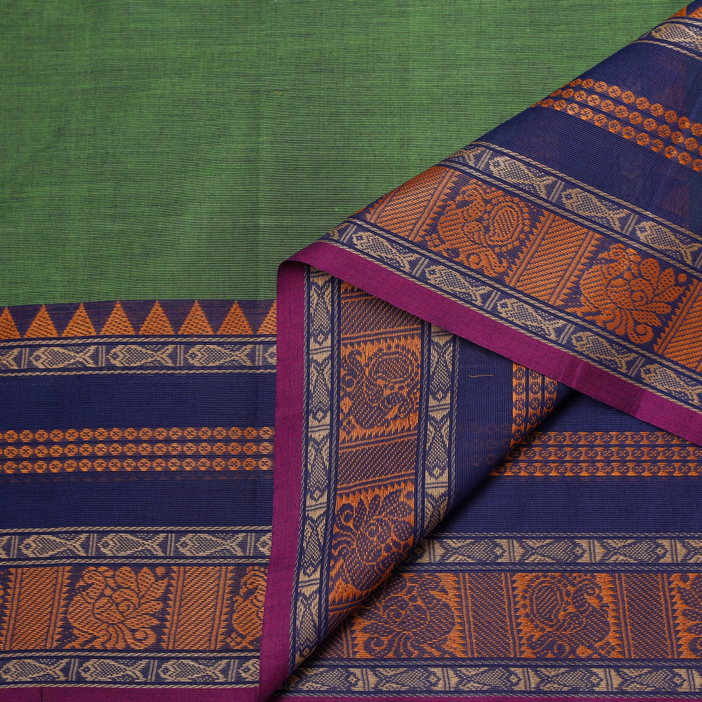 Green - Kanchipuram Buti Cotton Fabric with Thread Border 15