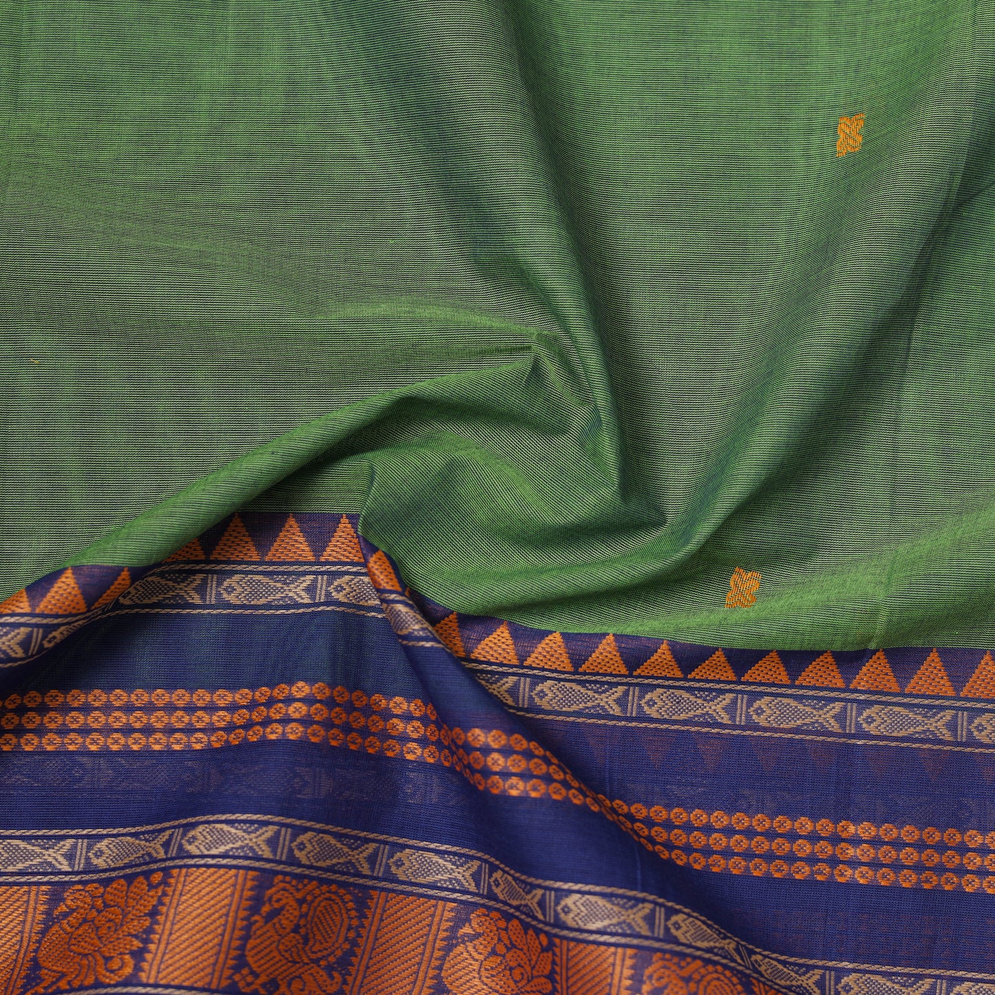 Green - Kanchipuram Buti Cotton Fabric with Thread Border 15