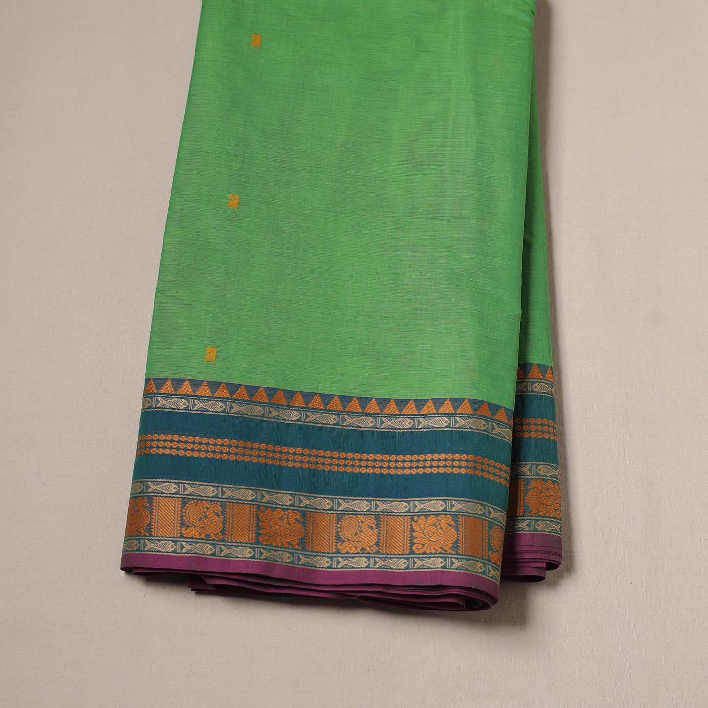 Green - Kanchipuram Buti Cotton Fabric with Thread Border 16