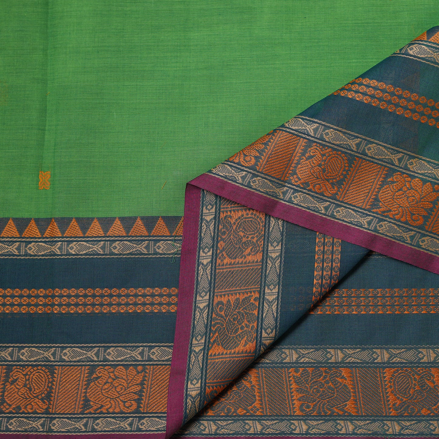 Green - Kanchipuram Buti Cotton Fabric with Thread Border 16