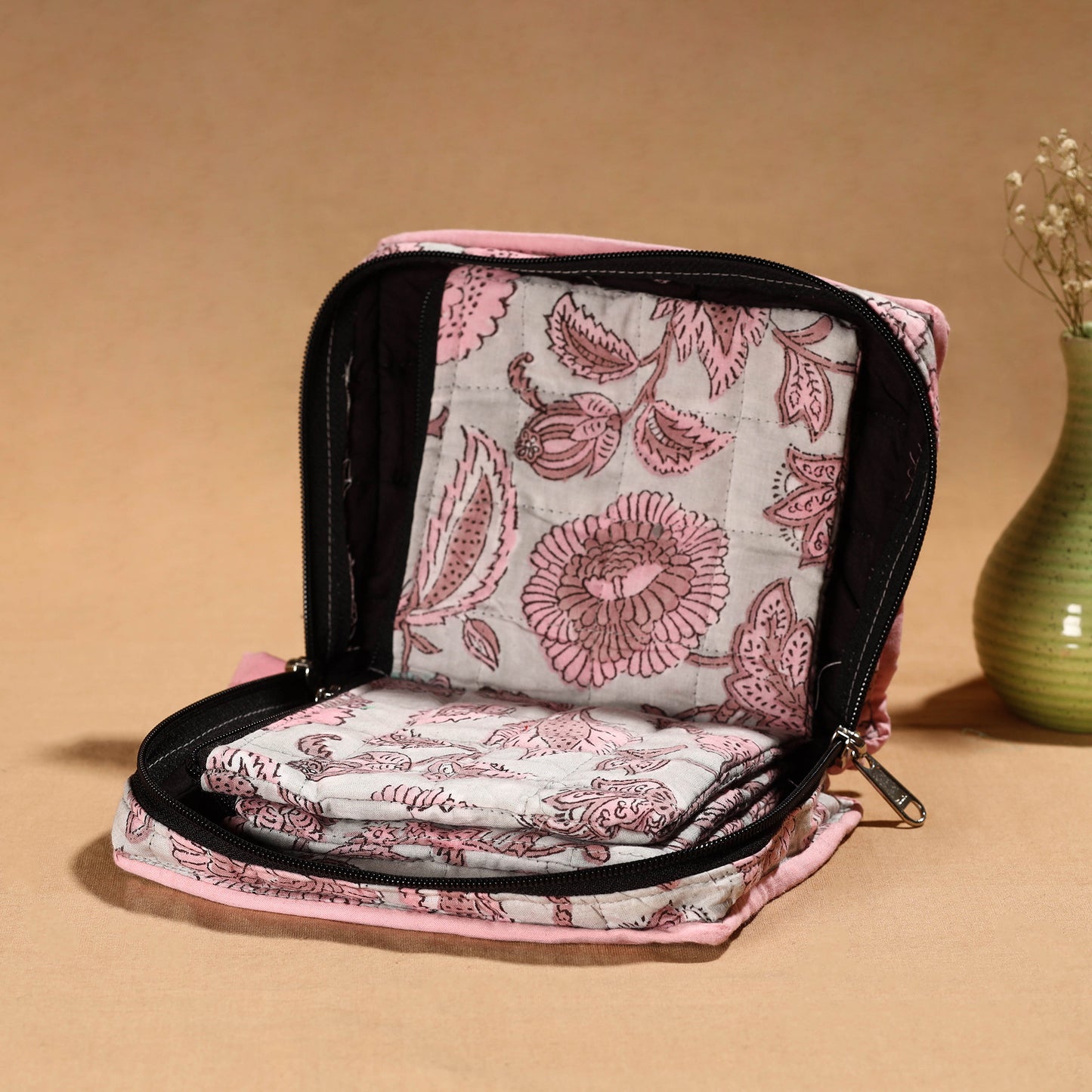 Pink Handmade Cotton Jewelry Organizer Bag for Travel