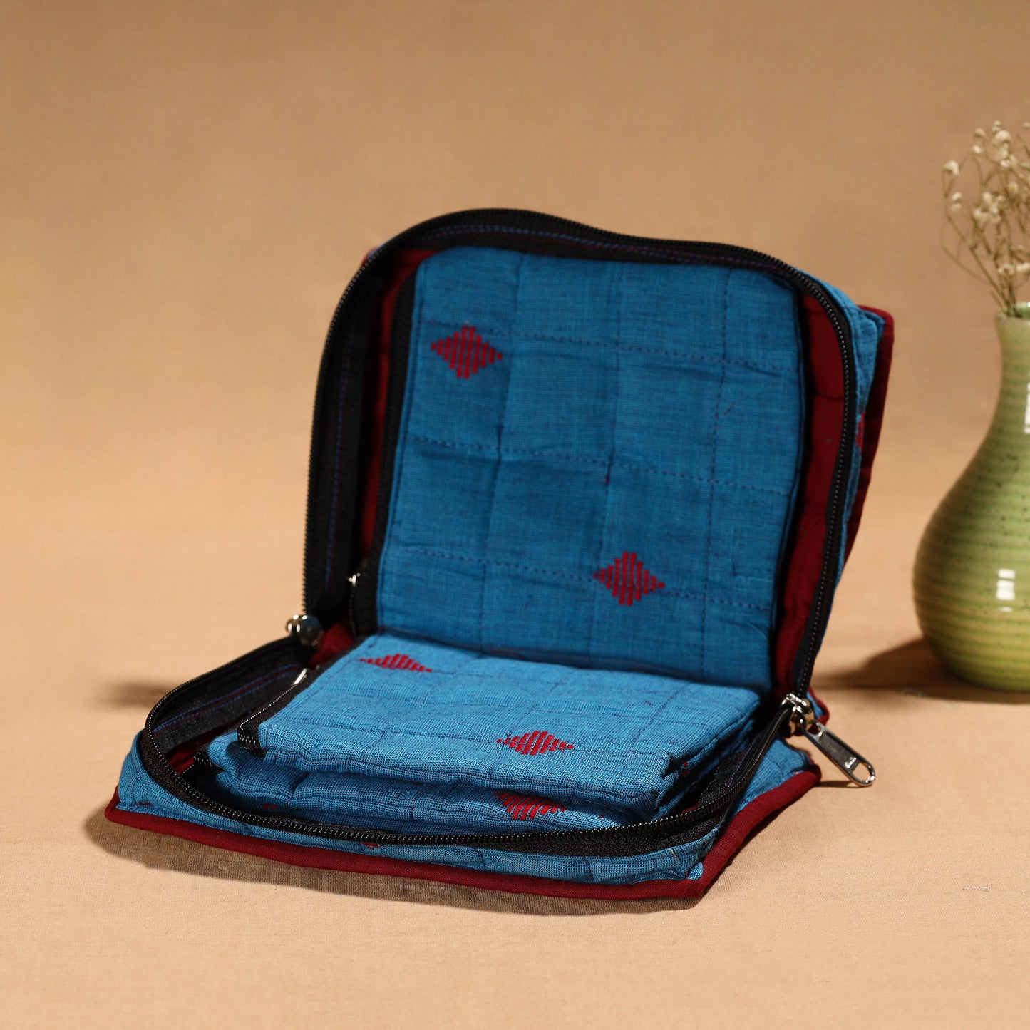 Blue Handmade Cotton Jewelry Organizer Bag for Travel