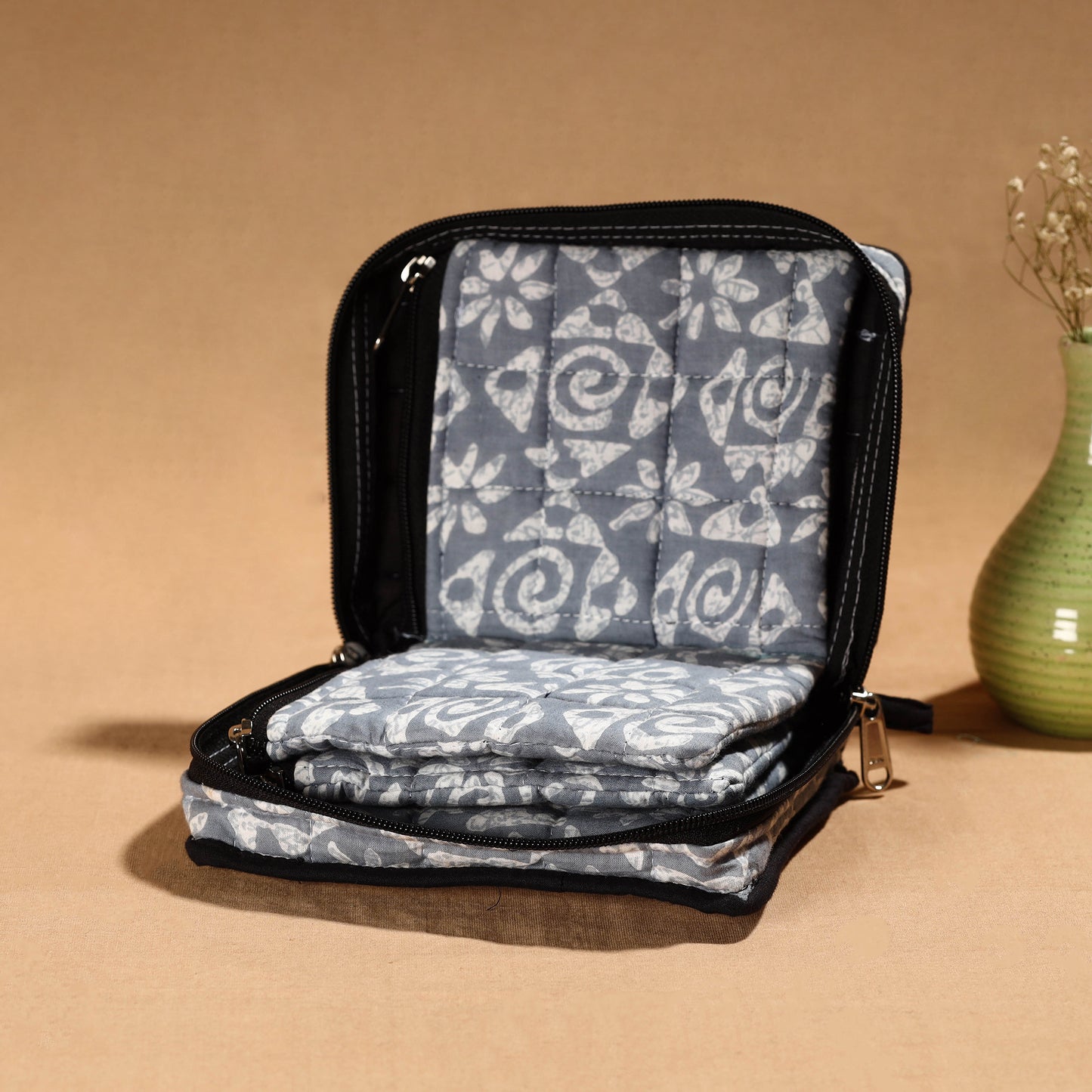 Grey Handmade Cotton Jewelry Organizer Bag for Travel