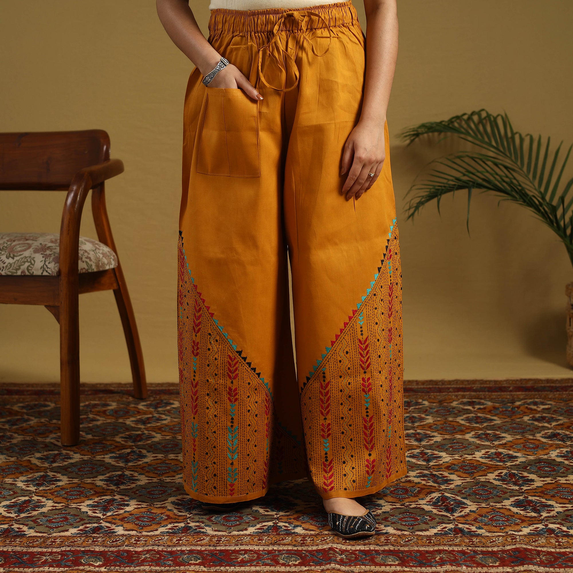 Brown - Cotton Bengal Kantha Embroidery Palazzo