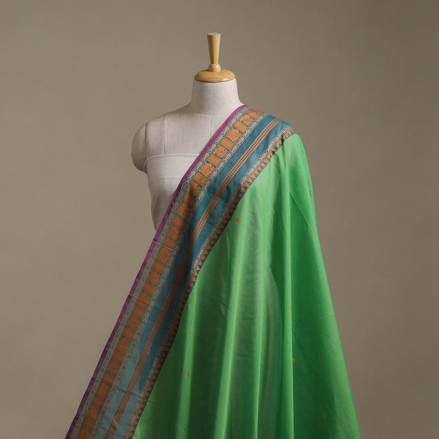 Green - Kanchipuram Buti Cotton Fabric with Thread Border 16