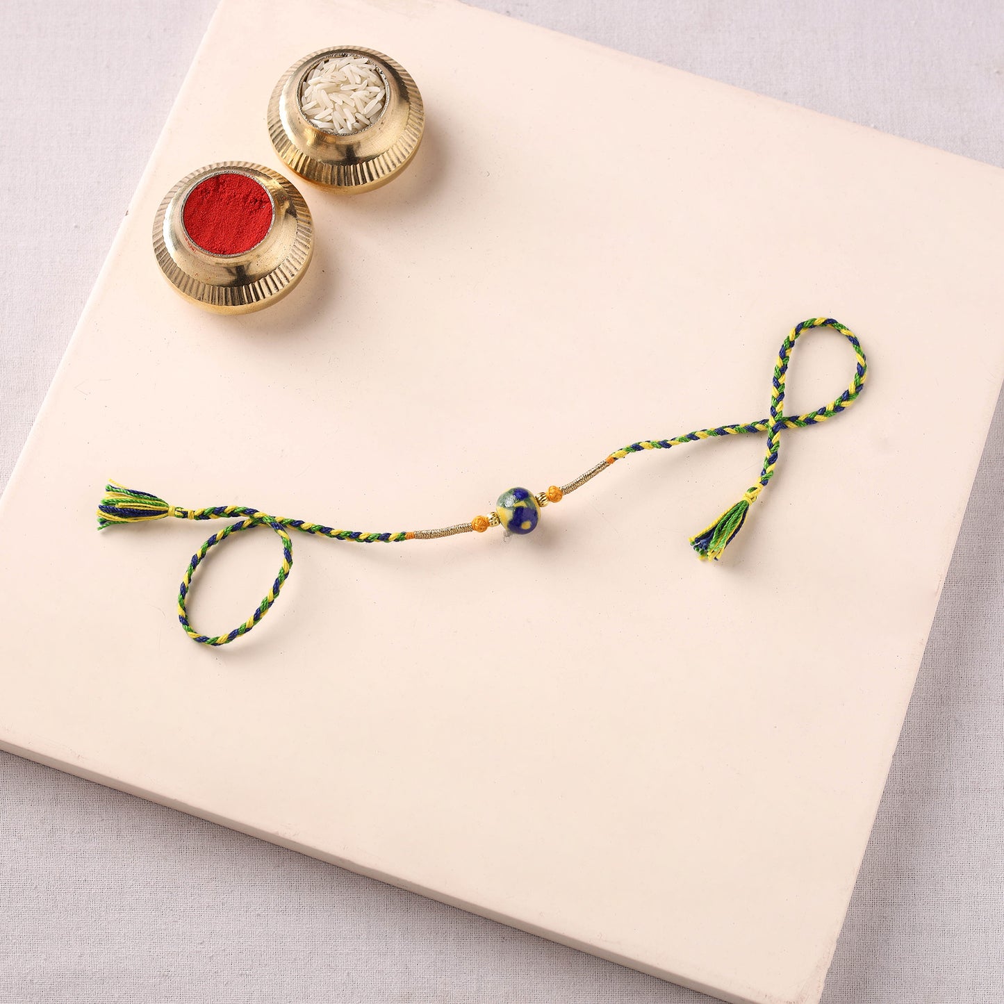 Handcrafted Patwa Threadwork Blue Pottery Beads Rakhi 28