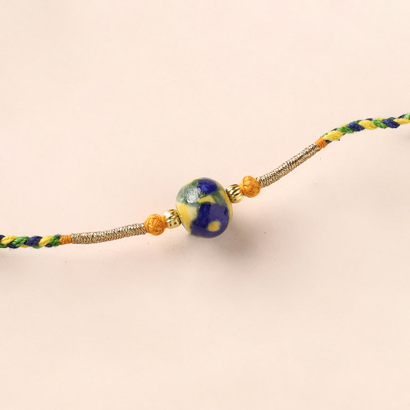 Handcrafted Patwa Threadwork Blue Pottery Beads Rakhi 28