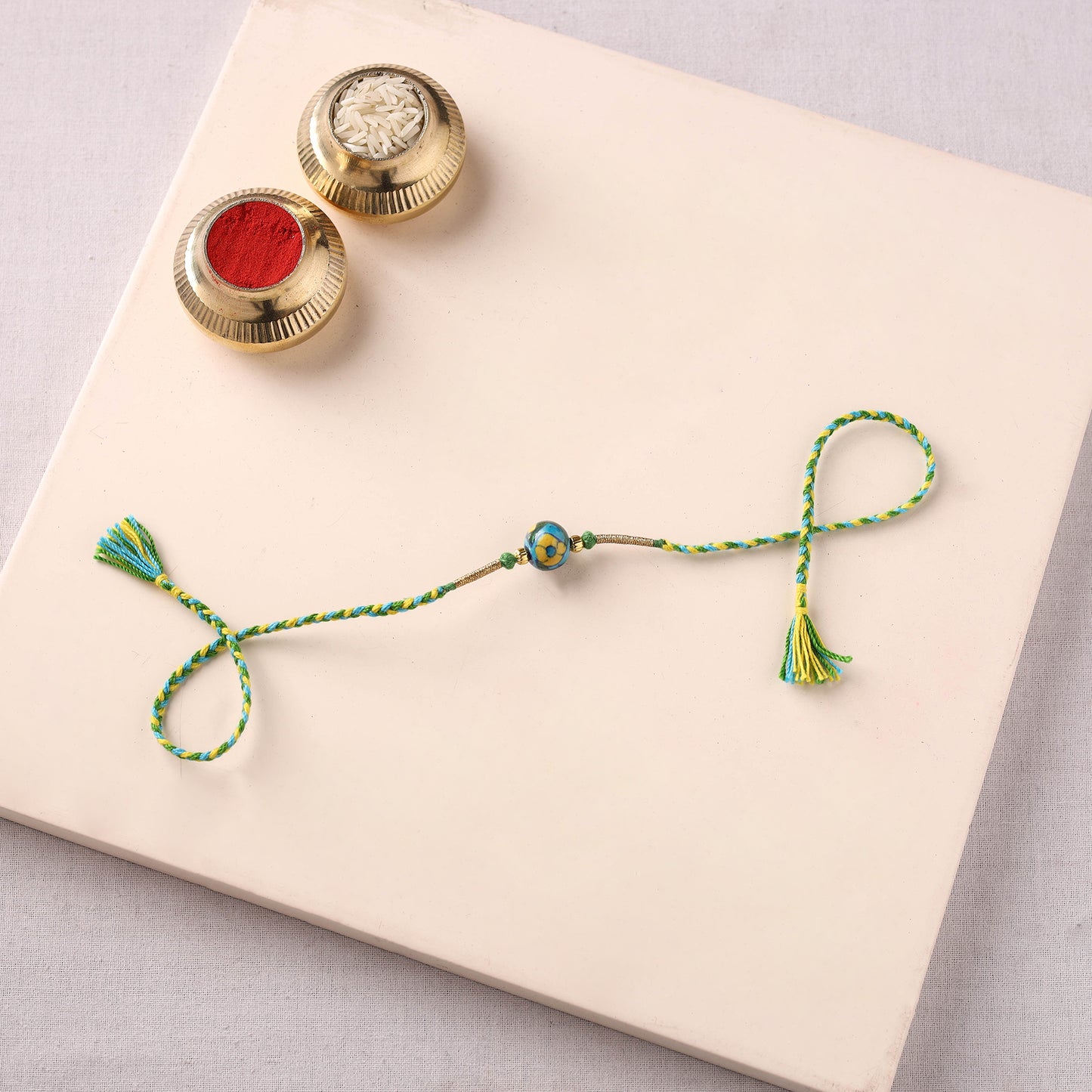 Handcrafted Patwa Threadwork Blue Pottery Beads Rakhi 30