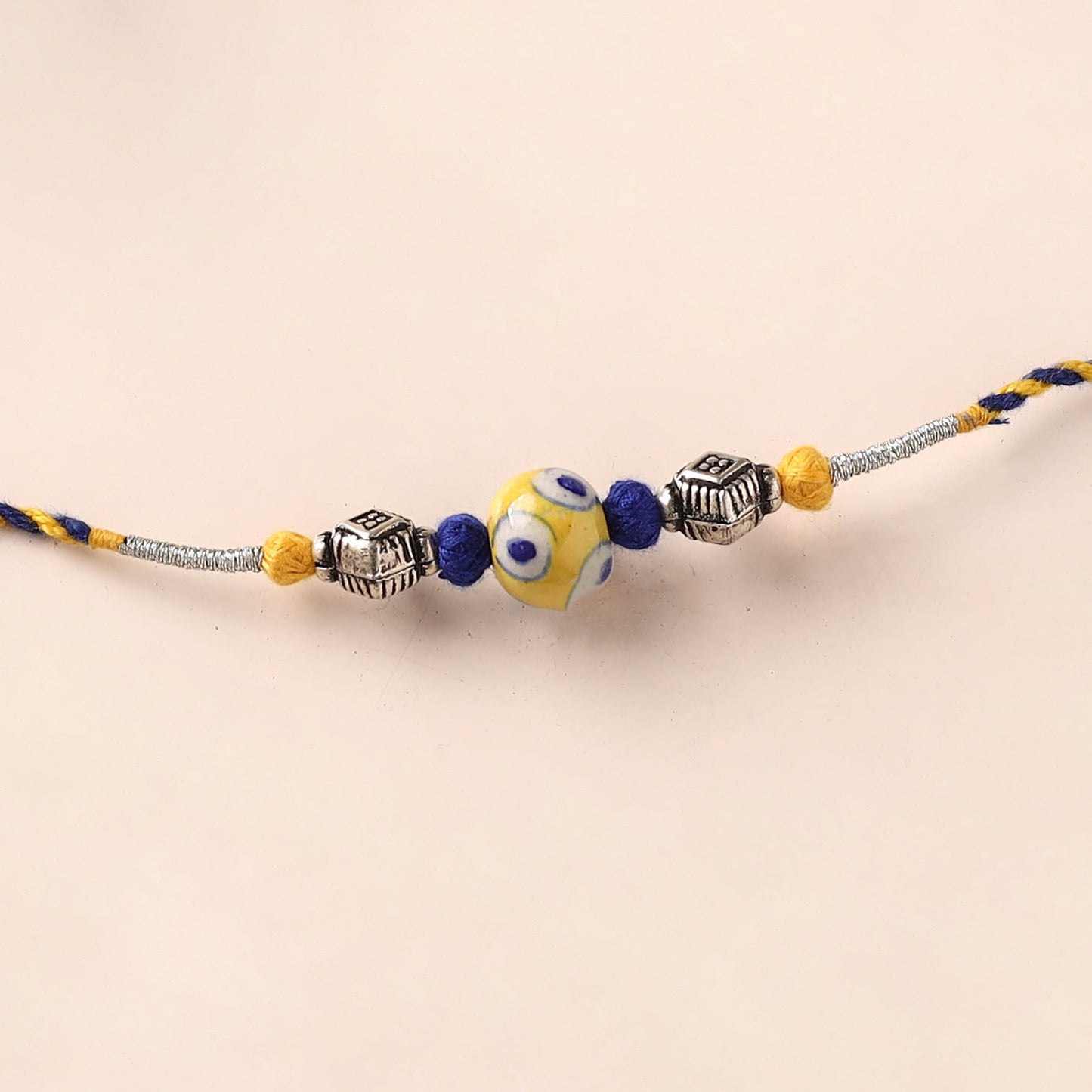 Handcrafted Patwa Threadwork Blue Pottery Beads Rakhi 33