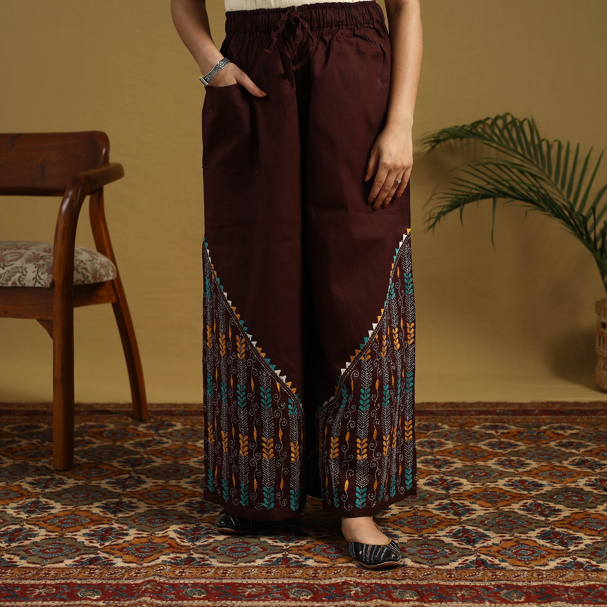 Green - Cotton Bengal Kantha Hand Embroidery Palazzo 51