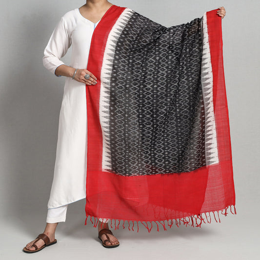 Black - Pochampally Ikat Handloom Cotton Dupatta with Tassels