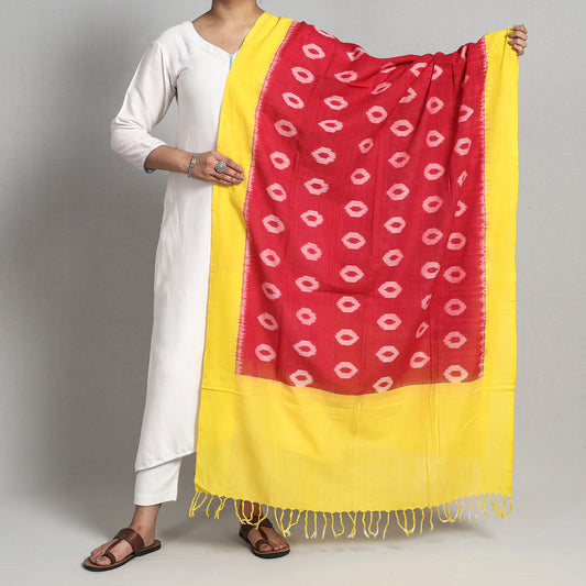 Red - Pochampally Missing Ikat Handloom Cotton Dupatta with Tassels