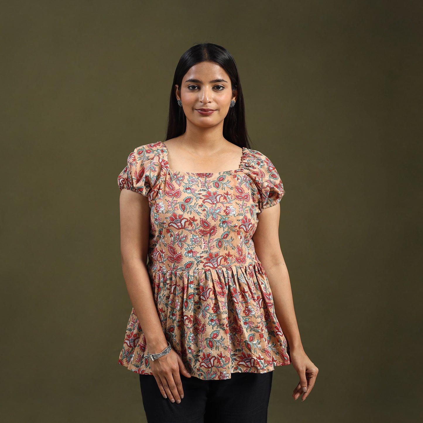Buy Beige Sanganeri Block Print Cotton Top