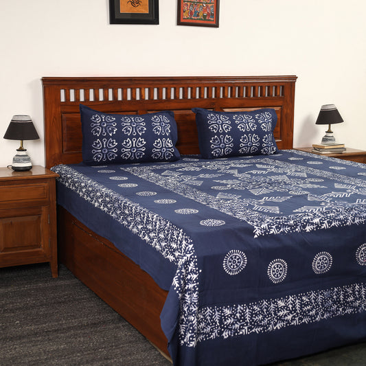 Blue - Hand Batik Printed Cotton Double Bed Cover with Pillow Covers (108 x 90 in) 21