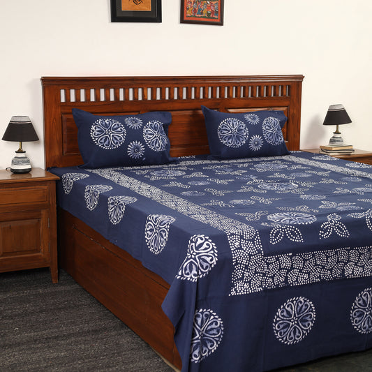 Blue - Hand Batik Printed Cotton Double Bed Cover with Pillow Covers (108 x 90 in) 22