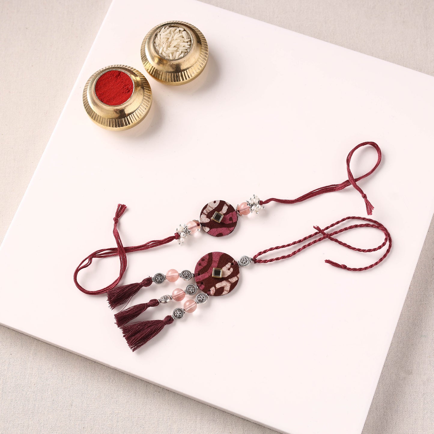 Handmade GS Beads & Kundan Work Fabart Rakhi with Lumba Set 38