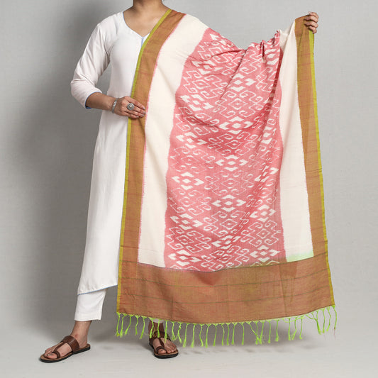 Pink - Pochampally Ikat Handloom Cotton Dupatta with Tassels