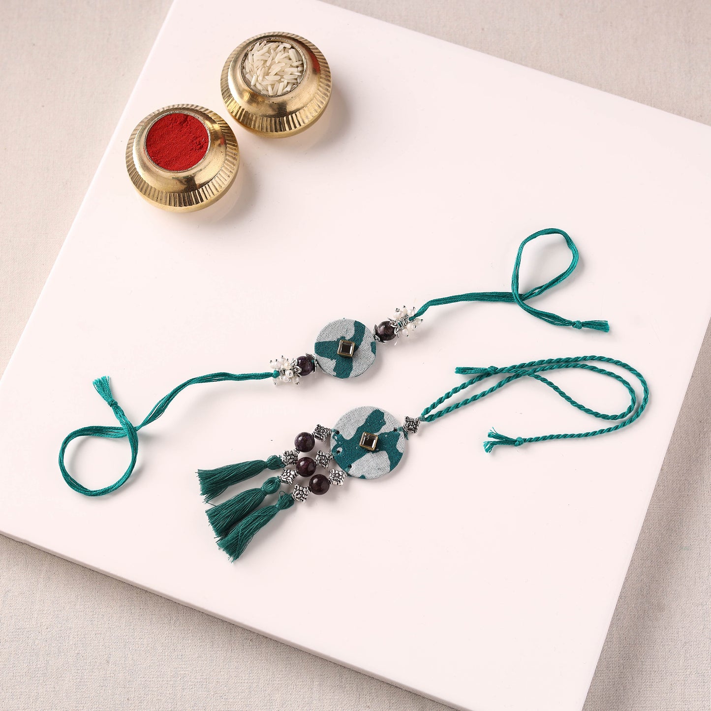 Handmade GS Beads & Kundan Work Fabart Rakhi with Lumba Set 41