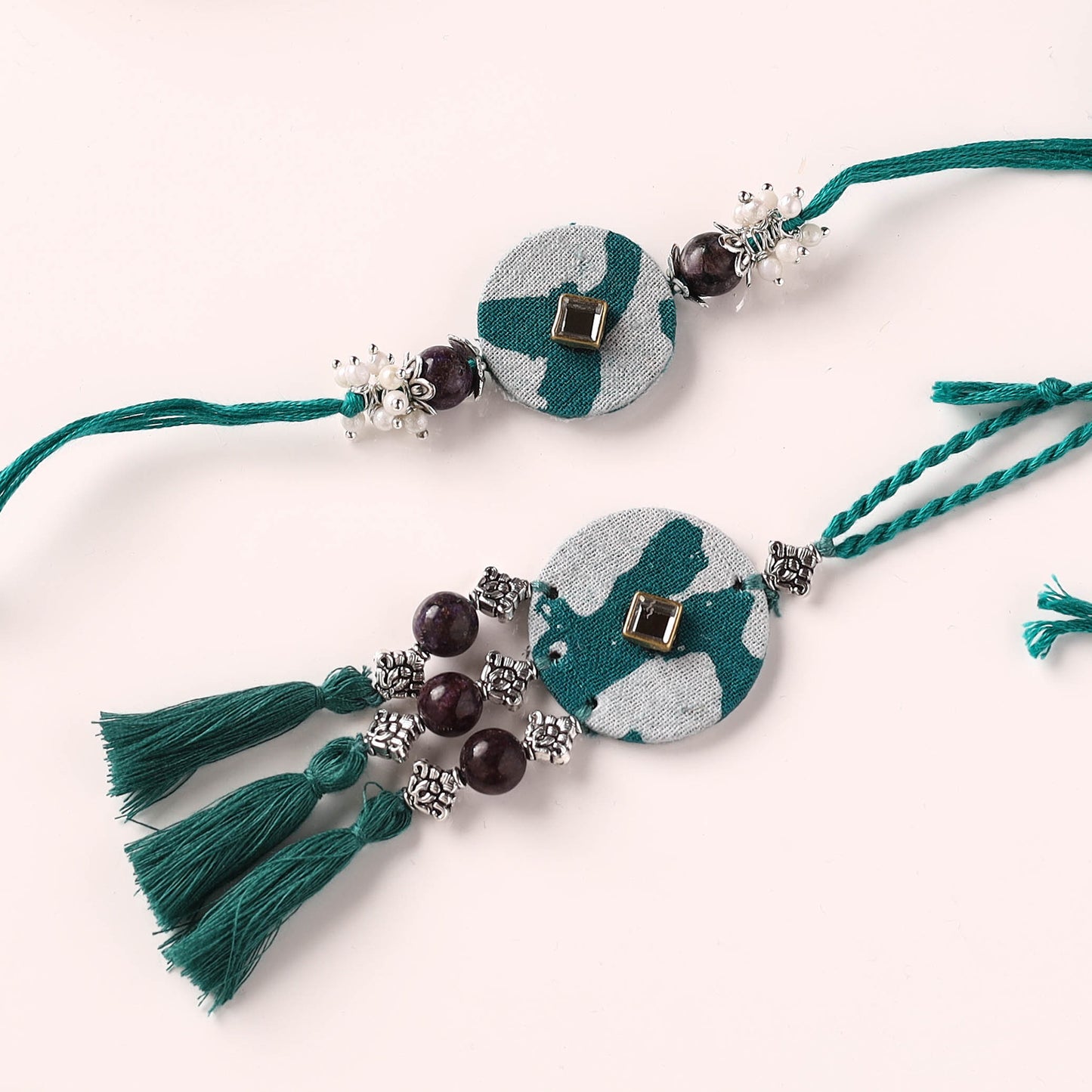Handmade GS Beads & Kundan Work Fabart Rakhi with Lumba Set 41