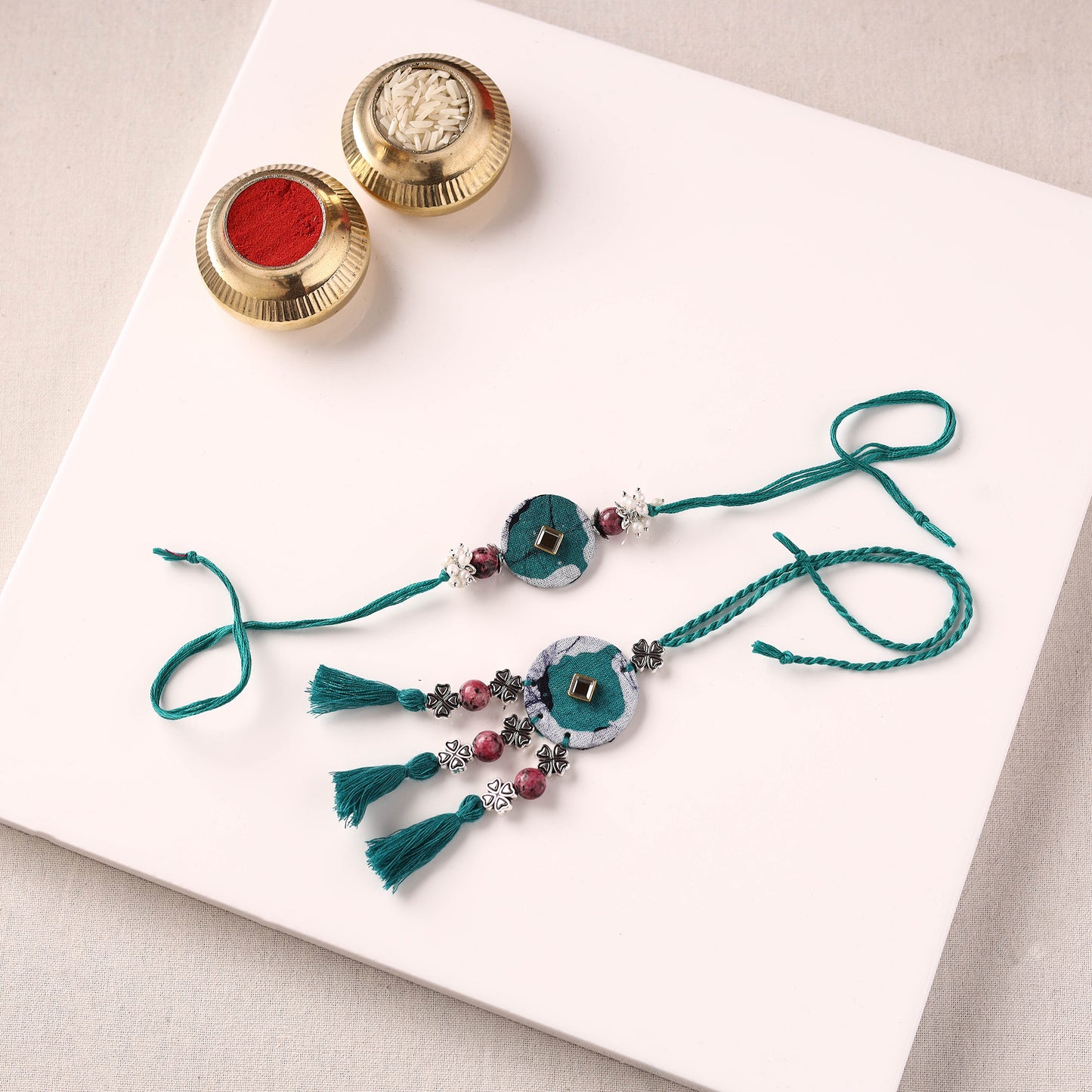 Handmade GS Beads & Kundan Work Fabart Rakhi with Lumba Set 43