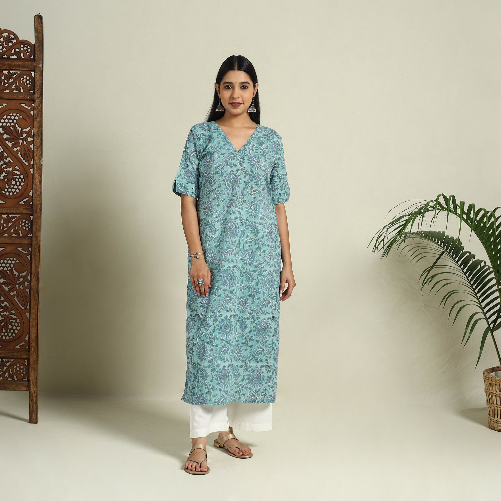 Blue - Block Print Cotton Straight Sanganeri Kurta 10