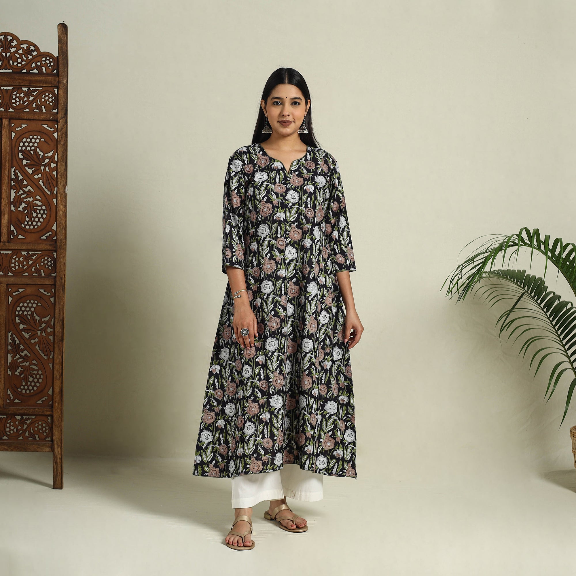 Black - Block Print Cotton A-Line Sanganeri Long Kurta 06