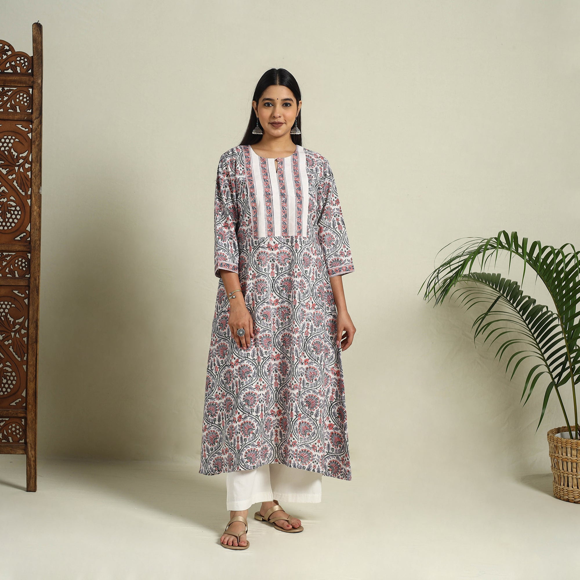 Multicolor - Block Print Cotton A-Line Sanganeri Kurta 01