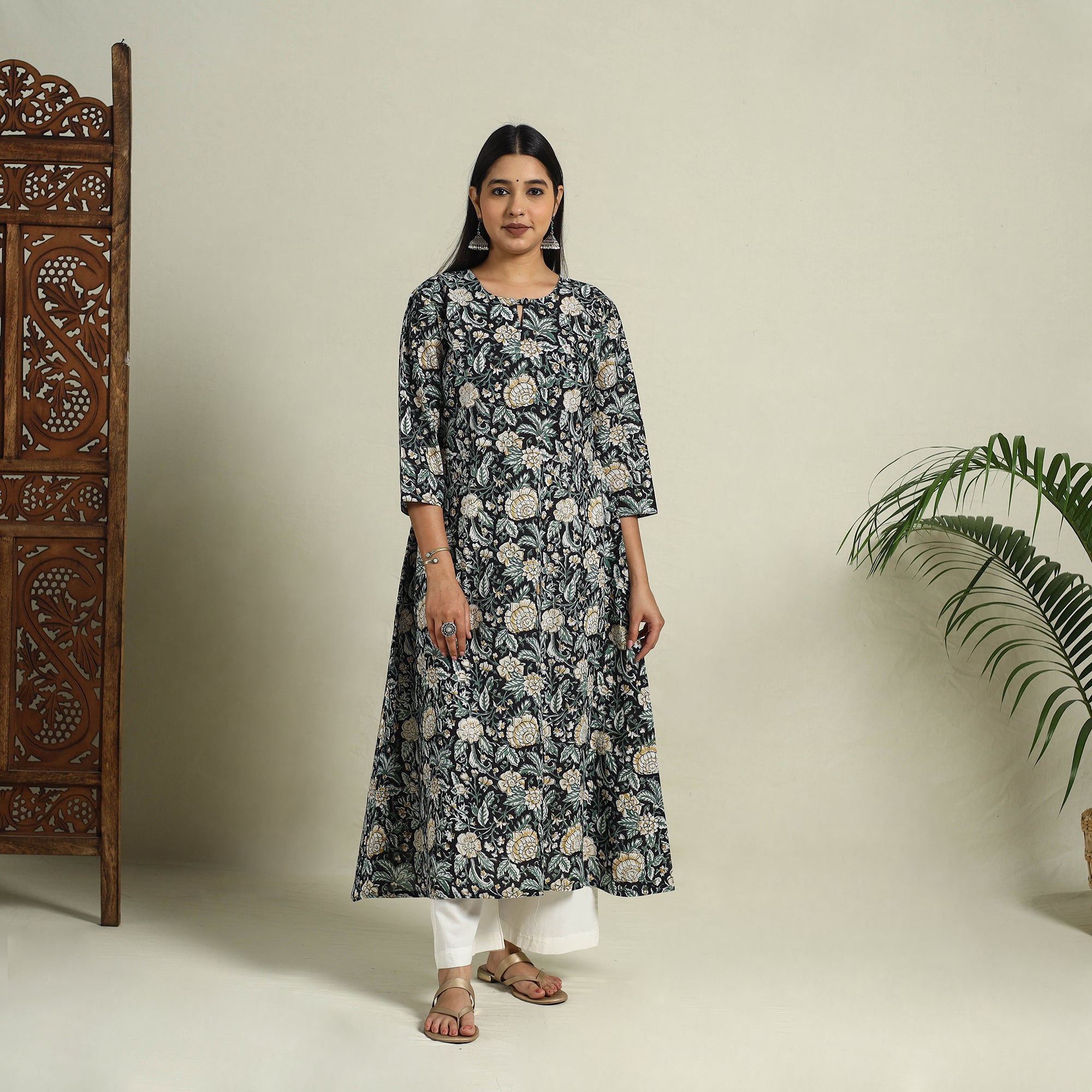 Black - Block Print Cotton A-Line Sanganeri Long Kurta 02