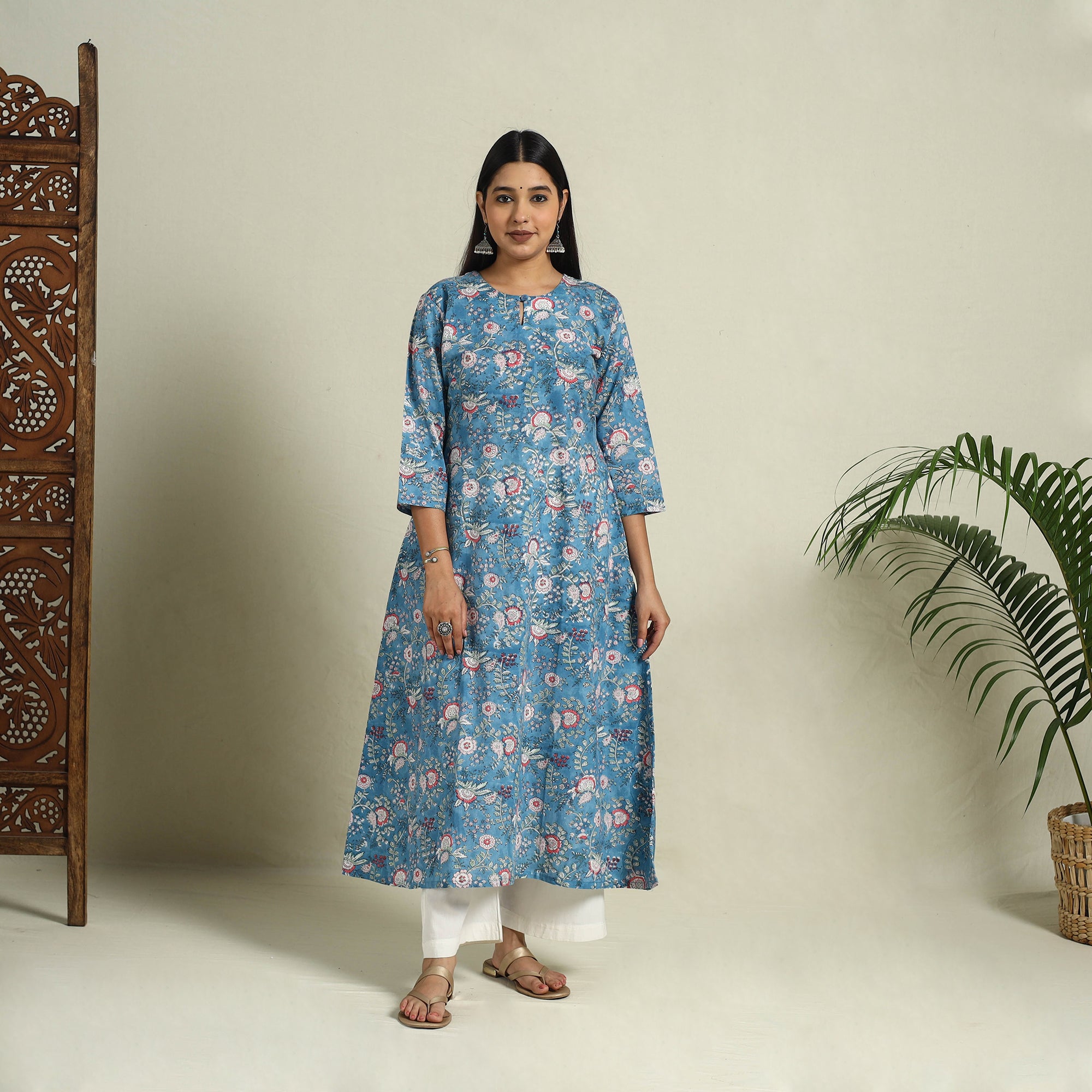 Blue - Block Print Cotton A-Line Sanganeri Kurta 03