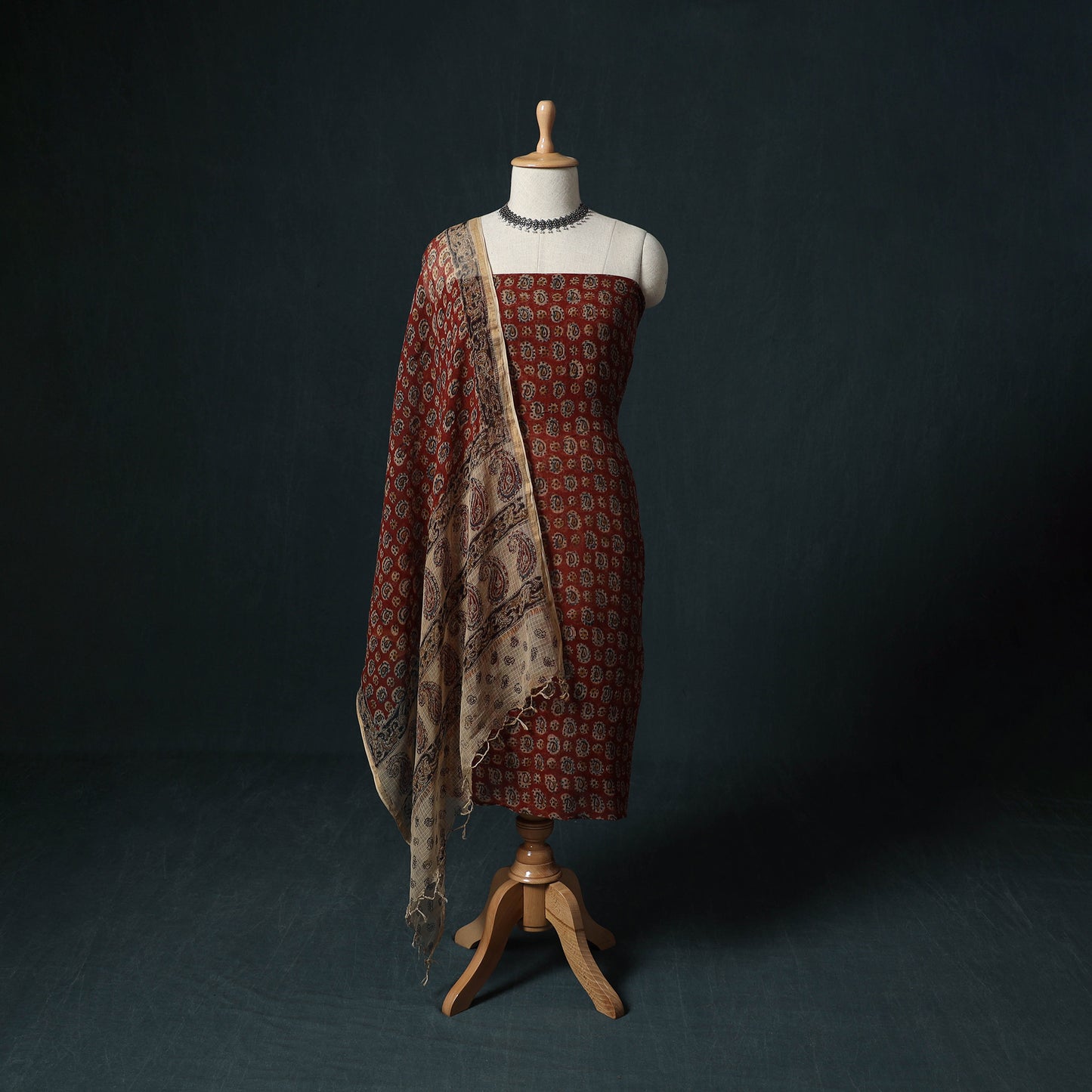 Pedana Kalamkari Block Print Kota Doria Cotton 2pc Unstitched Dress Material Kurta Set 01