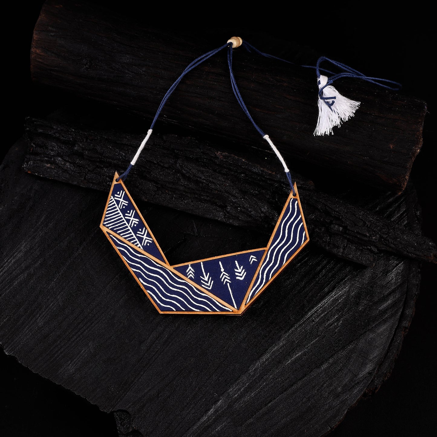 WHE Blue Hand Painted Connecting Triangle Repurposed Fabric & Wood Necklace 10
