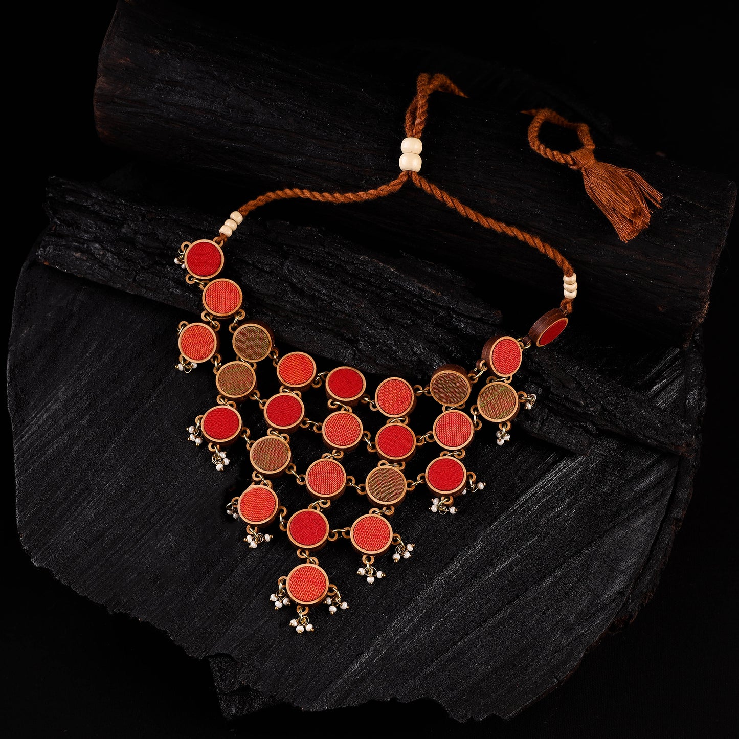 WHE Orange Festive Repurposed Fabric & Wood Statement Necklace 01