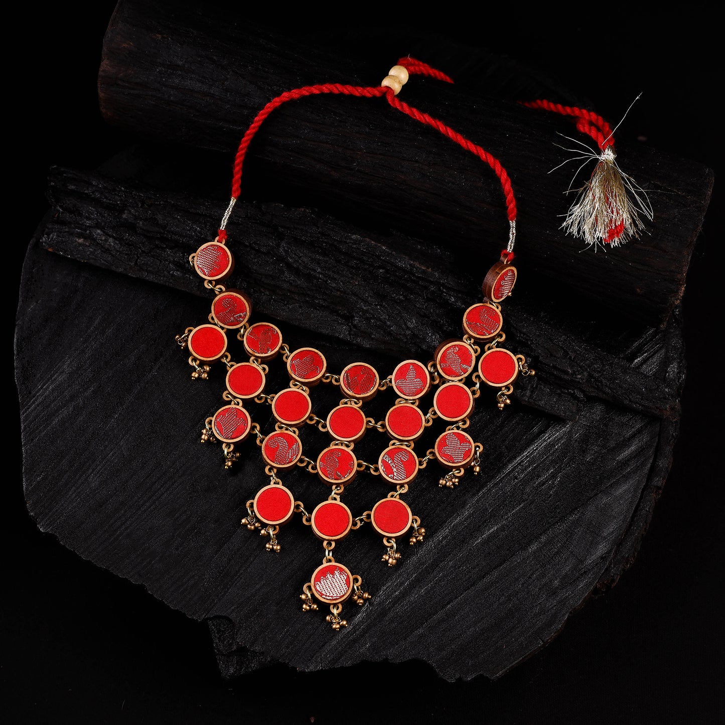 WHE Red Festive Repurposed Fabric & Wood Statement Necklace 02