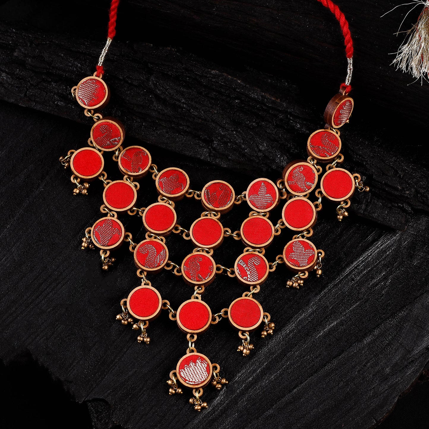 WHE Red Festive Repurposed Fabric & Wood Statement Necklace 02