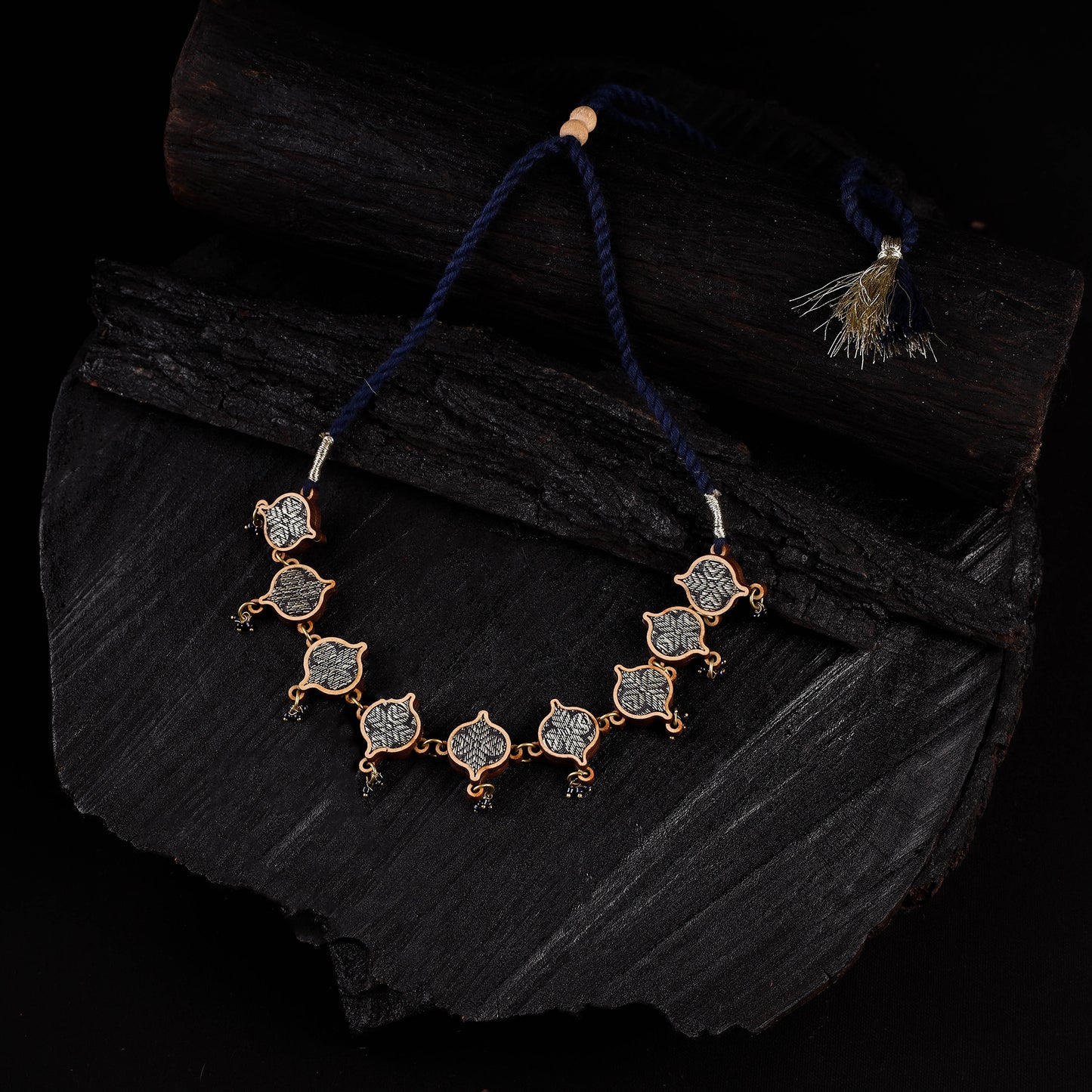 WHE Blue Festive Repurposed Brocade Fabric & Wood Choker Necklace 04